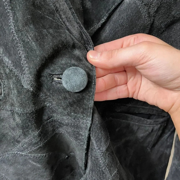 Vtg 90s Women Black Suede Patchwork Blazer M Leather Sports Coat Henig Furs - Picture 7 of 10